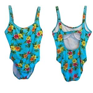 Vtg Baja Blue One Piece Bathing Swimsuit - Size 12 - Floral Hawaiian Print 90’s